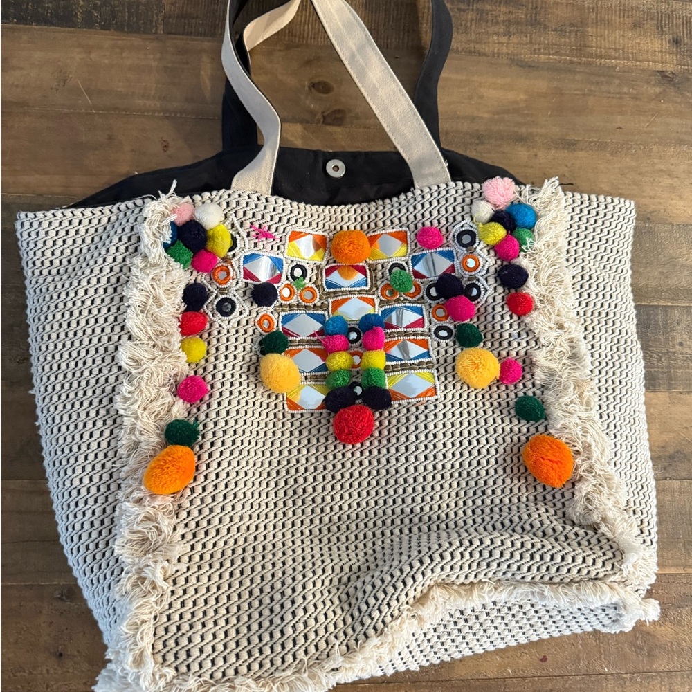 Cream Bohemian Tote with Colorful Pom-Poms